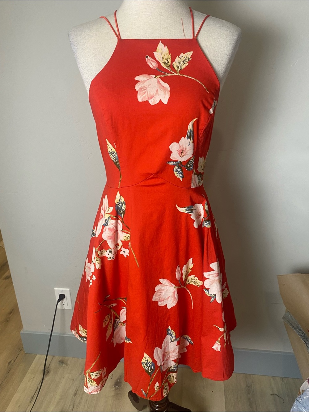 Charlotte Russe Red Floral Halter Fit-and-Flare Mini Dress Y2K 2000’s